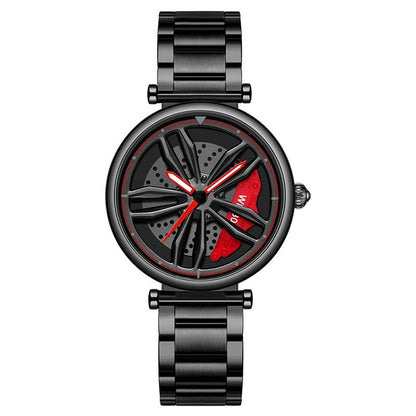 Women Steel Belt Quartz Watch with 3d Hollow out Wheel Design - Black Red