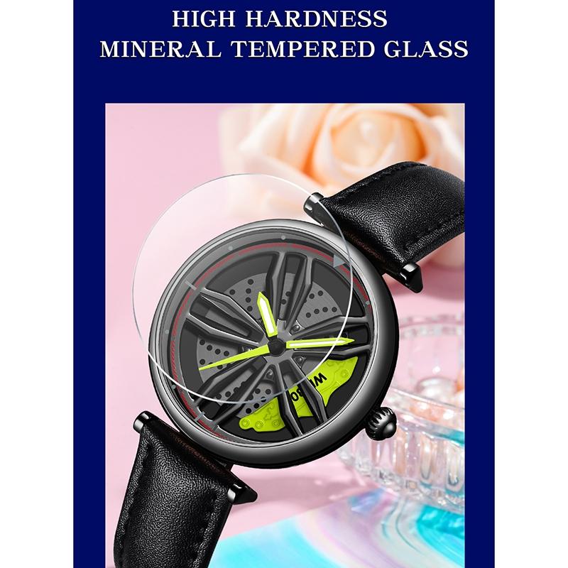 Women Steel Belt Quartz Watch with 3d Hollow out Wheel Design - Black Red