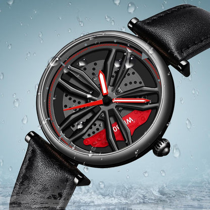 Women Steel Belt Quartz Watch with 3d Hollow out Wheel Design - Black Red