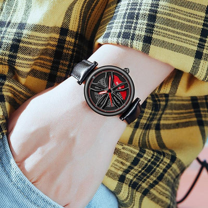 Women Steel Belt Quartz Watch with 3d Hollow out Wheel Design - Black Red