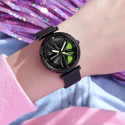Women Steel Belt Quartz Watch with 3d Hollow out Wheel Design - Black Red