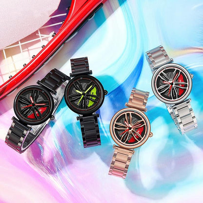 Women Steel Belt Quartz Watch with 3d Hollow out Wheel Design - Black Red