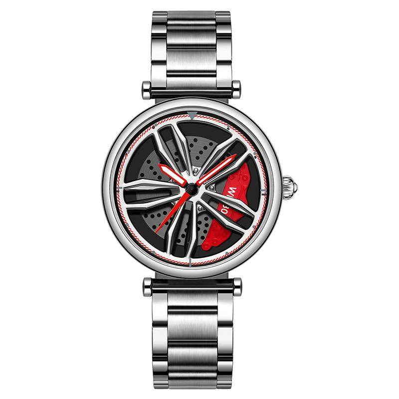 Women Steel Belt Quartz Watch with 3d Hollow out Wheel Design - Black Red