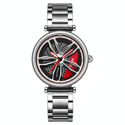Women Steel Belt Quartz Watch with 3d Hollow out Wheel Design - Black Red