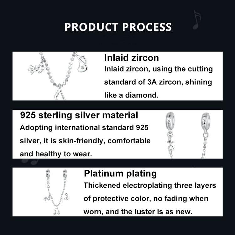 925 Sterling Silver Platinum Plated Note Safety Chain Pendant