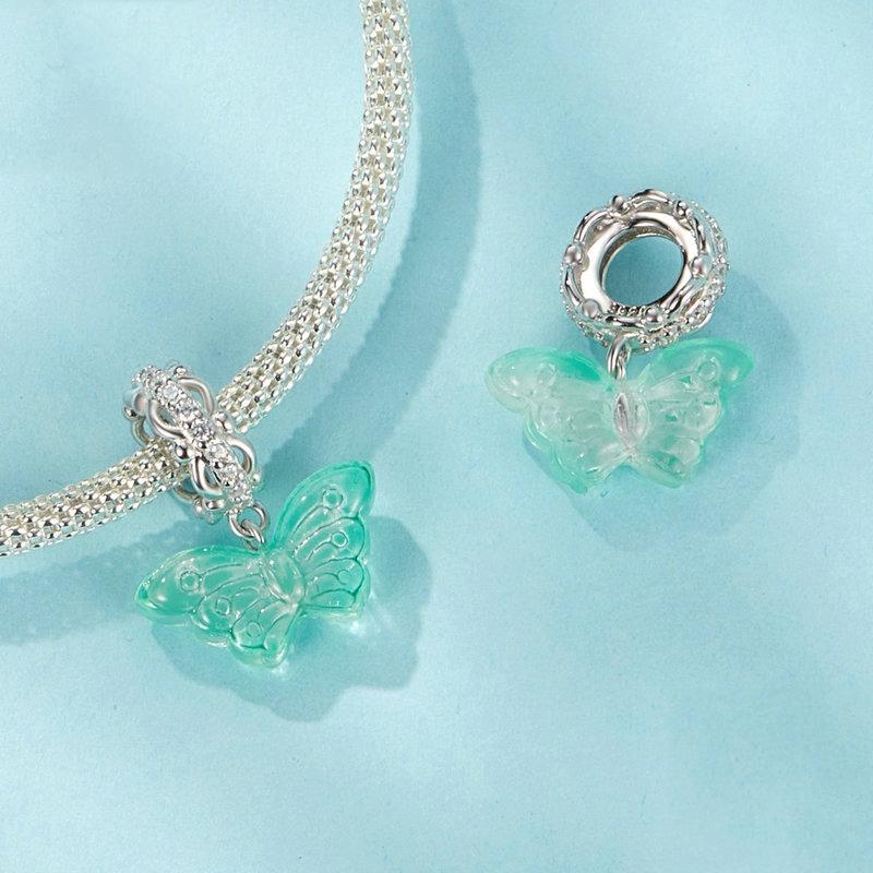 925 Sterling Silver Platinum Plated Zircon Butterfly Glass Pendant