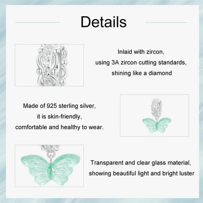 925 Sterling Silver Platinum Plated Zircon Butterfly Glass Pendant