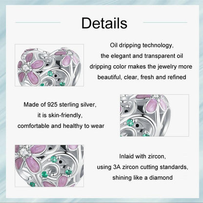 925 Sterling Silver Platinum Plated Zircon Heart Flower Vine Diy Beads