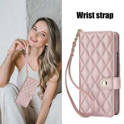 For Samsung Galaxy z Fold4 5G Multifunctional Rhombic Leather Crossbody Phone Case - White
