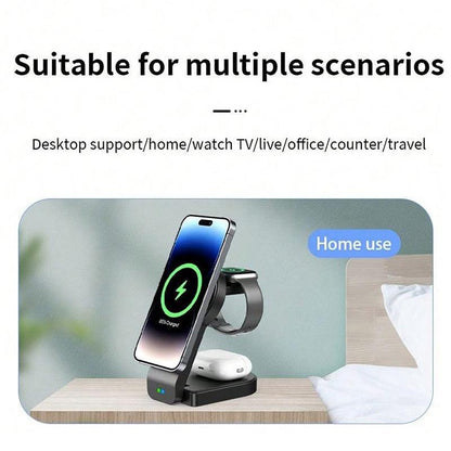 3 In 1 Foldable Magnetic Wireless Charger With Phone Holder Au Plug - White