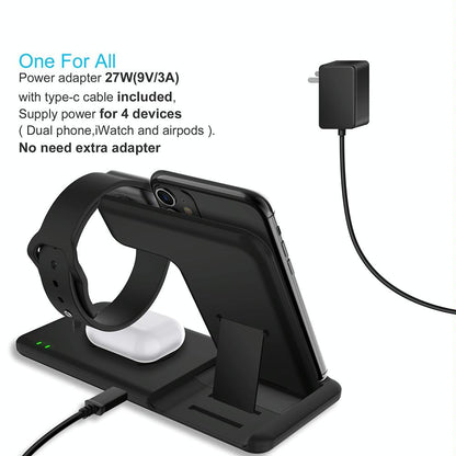 4 In 1 Wireless Charger Stand For Iphone Apple Watch Airpods Dual Phone Charging Black