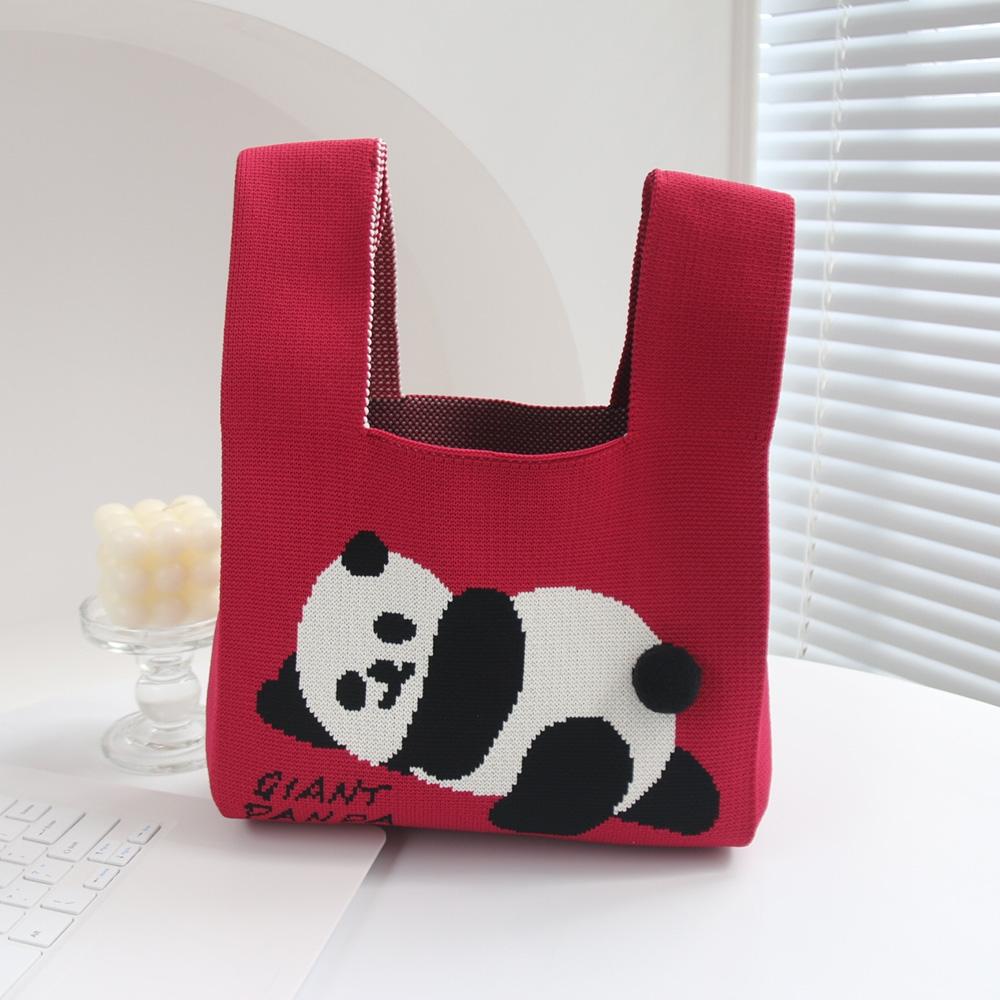 Cartoon Panda Knit Bag - Large Capacity Vest Handbag - Red