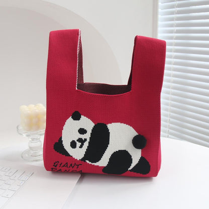 Cartoon Panda Knit Bag - Large Capacity Vest Handbag - Red