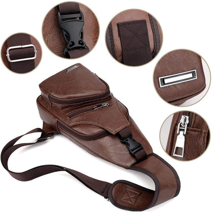 Waterproof Pu Leather Men Chest Bag Usb Port Headphone Hole - Light Brown
