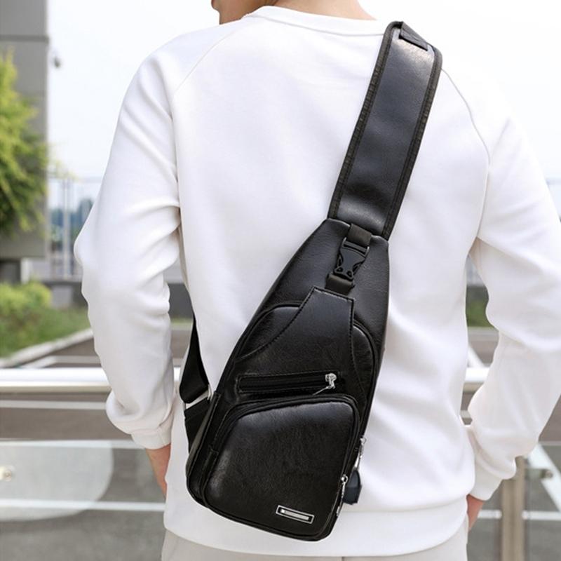 Waterproof Pu Leather Men Chest Bag Usb Port Headphone Hole - Light Brown