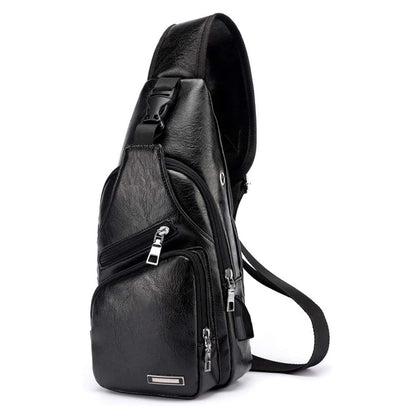 Waterproof Pu Leather Men Chest Bag Usb Port Headphone Hole - Light Brown