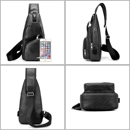 Waterproof Pu Leather Men Chest Bag Usb Port Headphone Hole - Light Brown