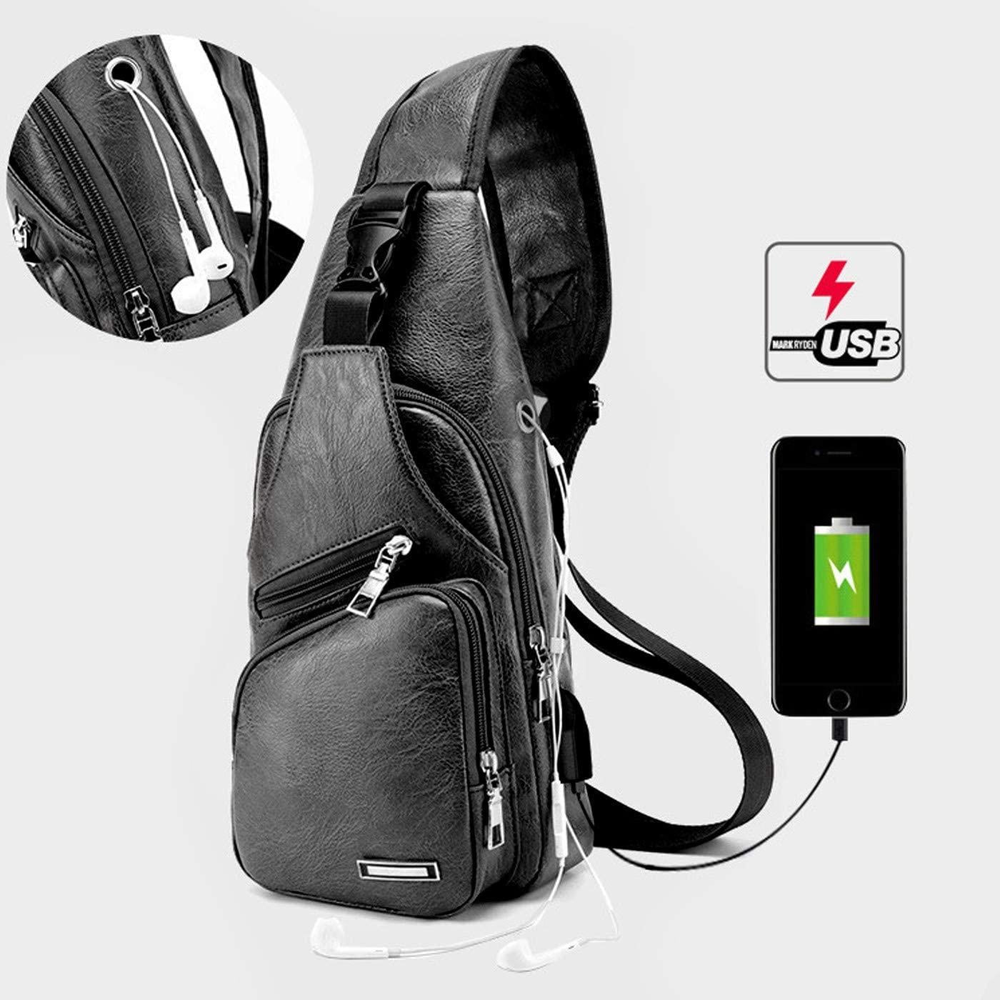 Waterproof Pu Leather Men Chest Bag Usb Port Headphone Hole - Light Brown