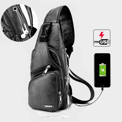 Waterproof Pu Leather Men Chest Bag Usb Port Headphone Hole - Light Brown