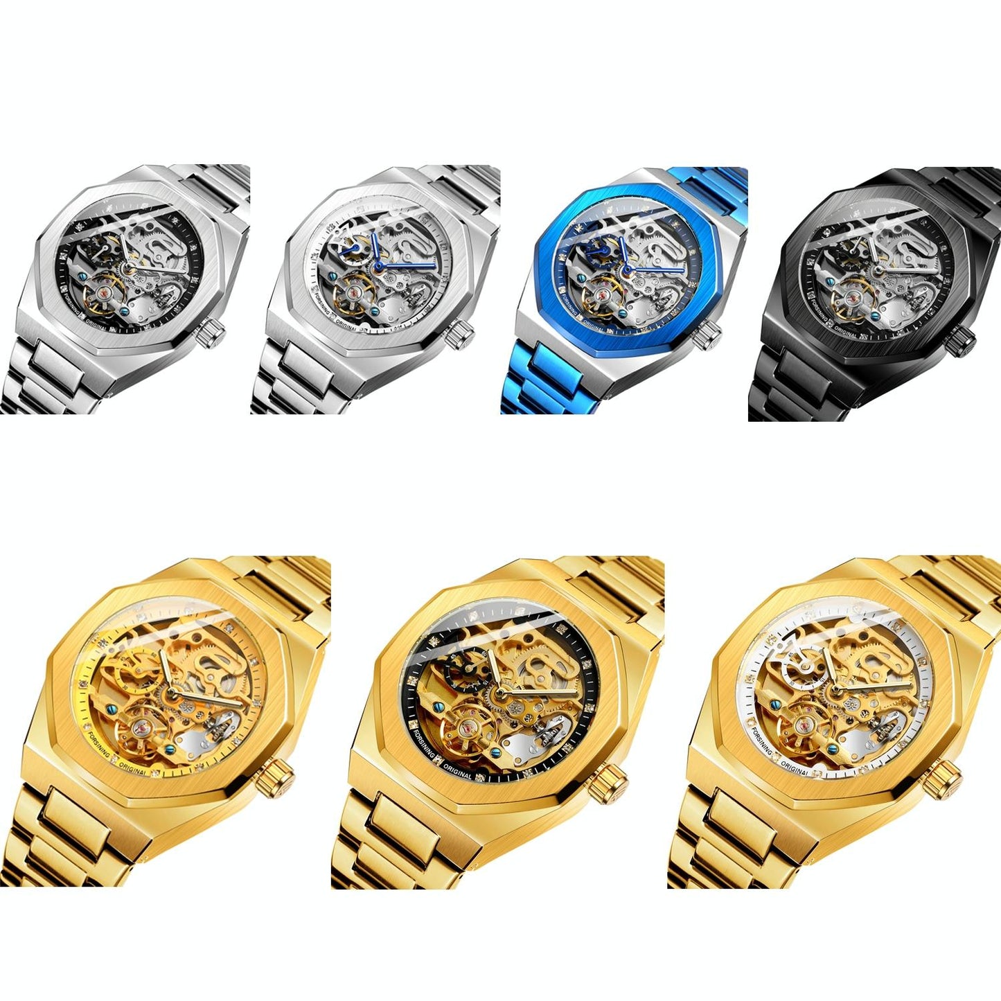Men Automatic Mechanical Watch with Luminous Dial and Steel Band - Silver Belt White Face