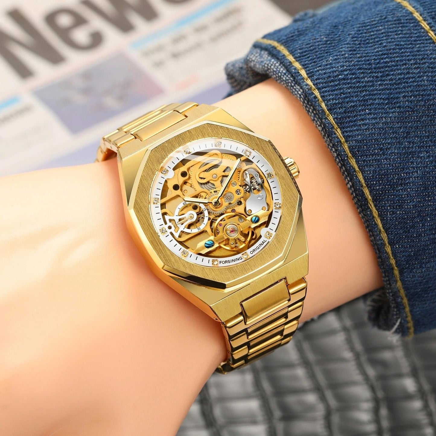 Men Automatic Mechanical Watch with Luminous Dial and Steel Band - Silver Belt White Face
