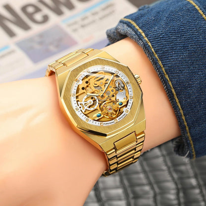 Men Automatic Mechanical Watch with Luminous Dial and Steel Band - Silver Belt White Face
