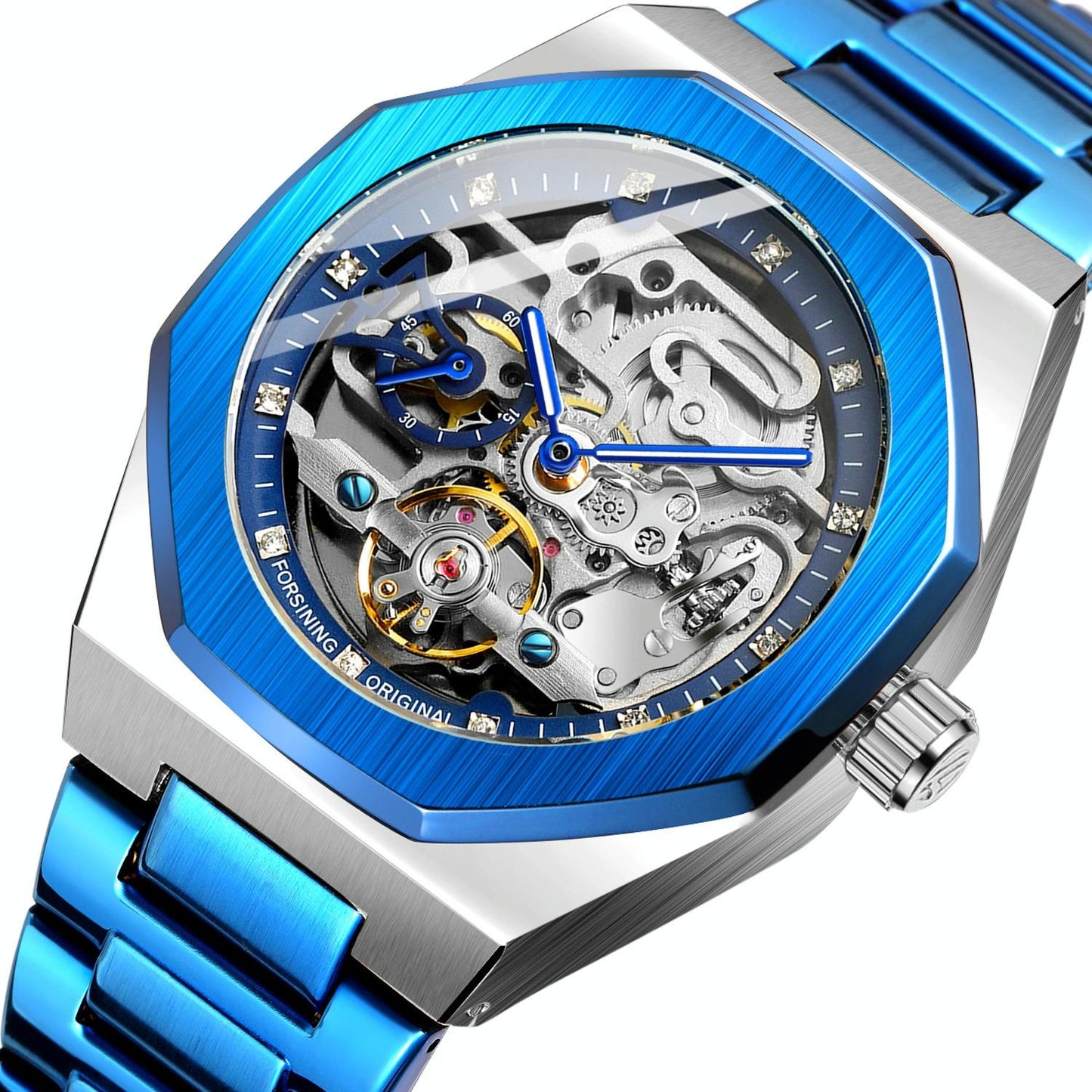 Men Automatic Mechanical Watch with Luminous Dial and Steel Band - Silver Belt White Face