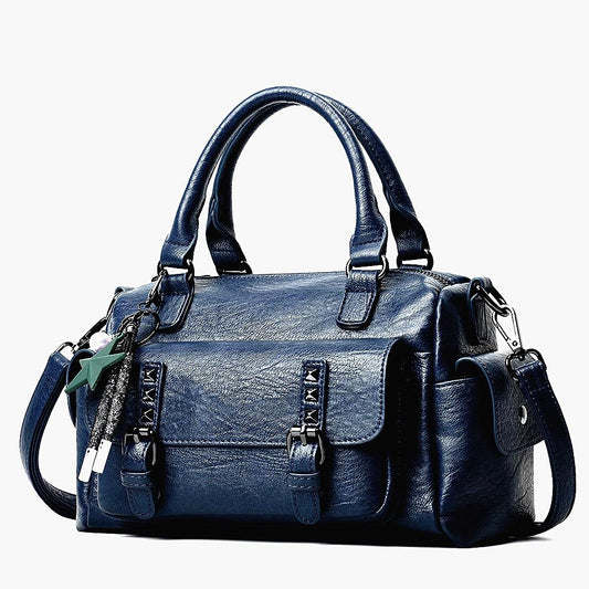 Large Capacity Crossbody Shoulder Bag in Pebbled Leather - Navy Blue