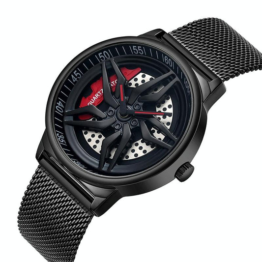Men 360 Degree Hollow Dial Mesh Strap Quartz Watch - Spinning Design - Black