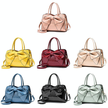 Leather Ladies Handbag - Bright Bow Design - Red Wine