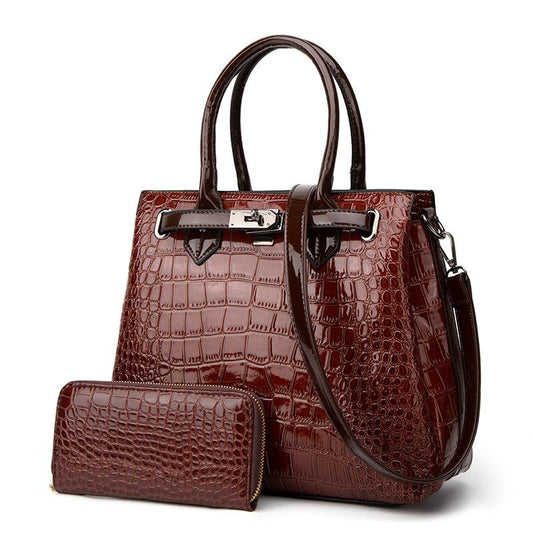 Large Capacity 2-in-1 Crocodile Patent Leather Shoulder Bag - Black