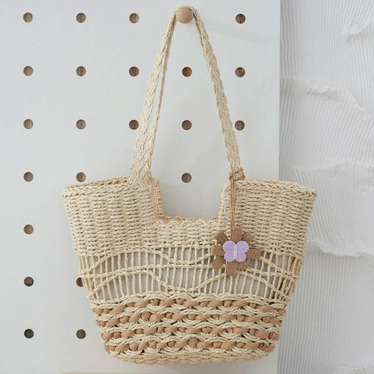 Large Capacity Straw Tote Bag with Hollow Wave Design and Lining - Beige