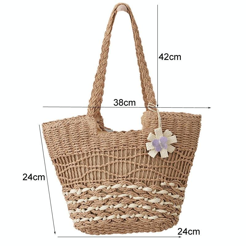 Large Capacity Straw Tote Bag with Hollow Wave Design and Lining - Beige