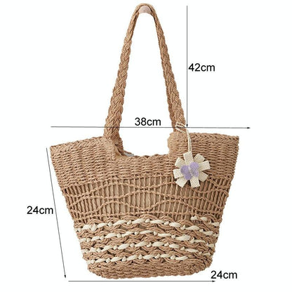 Large Capacity Straw Tote Bag with Hollow Wave Design and Lining - Beige