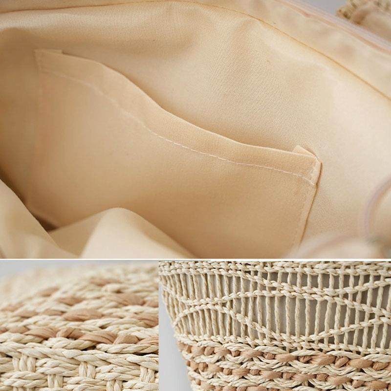Large Capacity Straw Tote Bag with Hollow Wave Design and Lining - Beige