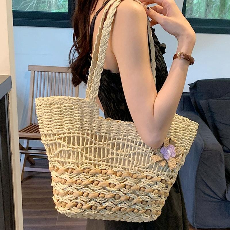 Large Capacity Straw Tote Bag with Hollow Wave Design and Lining - Beige