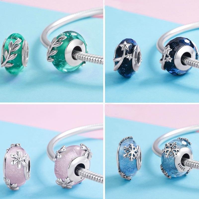 925 Sterling Silver Seasonal Glass Bead Bracelet Charms - Pink
