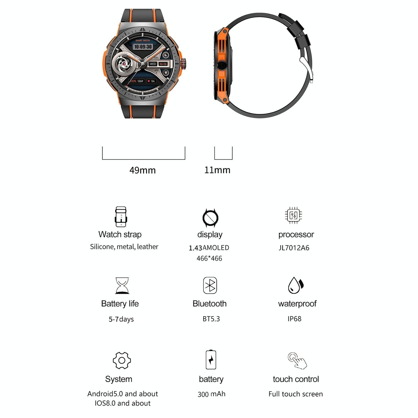 1.43 Inch Bt5.3 Ip68 Sport Smart Watch Support Bluetooth Call / Message Notification / Heart Rate / Blood Pressure Health Monitor - Red
