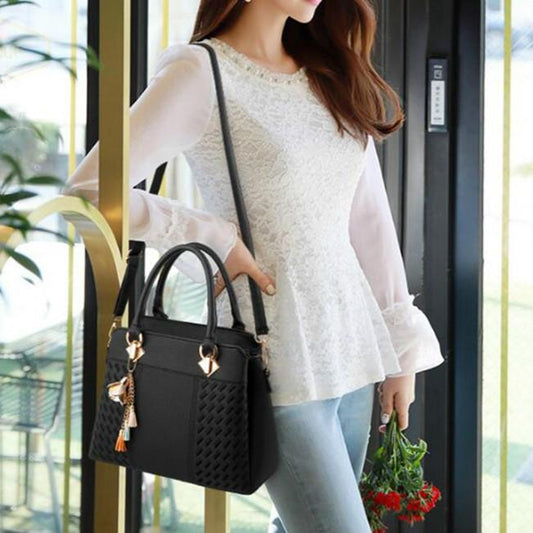 Simple Style Women Leather Crossbody Bag with Tassel Embroidery - Dark Blue