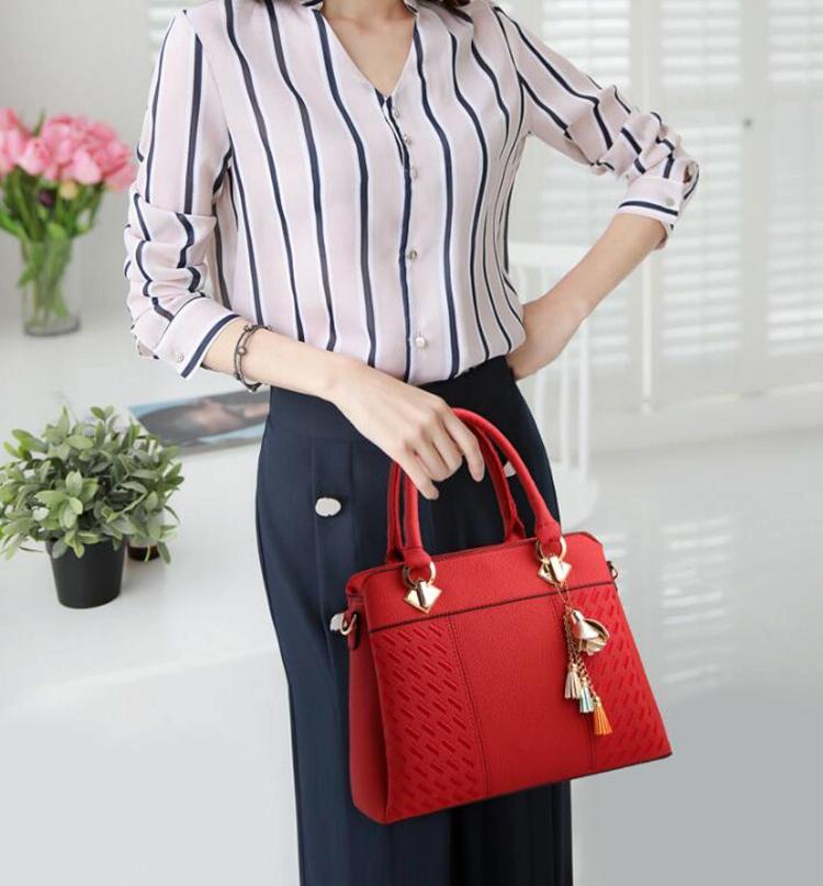 Simple Style Women Leather Crossbody Bag with Tassel Embroidery - Dark Blue