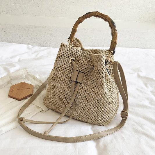 Handwoven Bamboo Bucket Bag - Shoulder / Messenger Style - Khaki