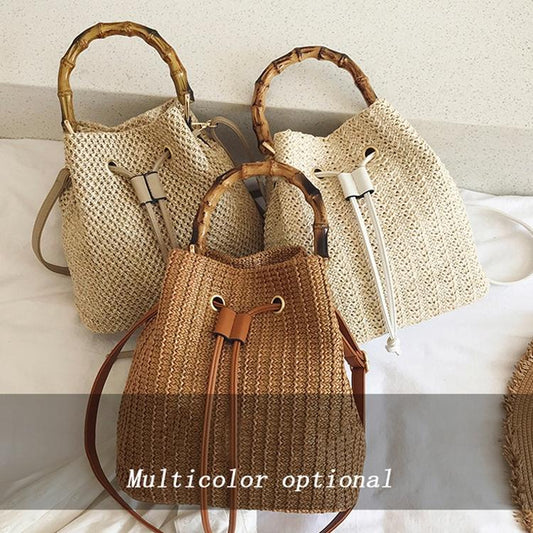 Handwoven Bamboo Bucket Bag - Shoulder / Messenger Style - Khaki