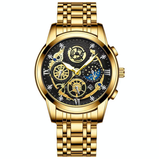 Waterproof Luminous Quartz Watch with Multifunctional Design - Full Gold Black Surface