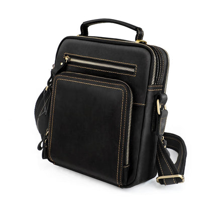 Men Crazy Horse Leather Crossbody Bag Durable & Stylish - Black