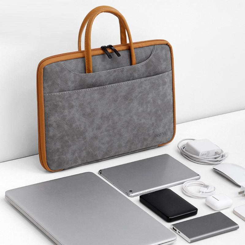 Waterproof Leather Computer Bag - 13 / 13.3 Inches Fully Open & Portable - Gray Black