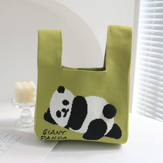 Cartoon Panda Knit Bag - Large Capacity Vest Handbag - Matcha Colour