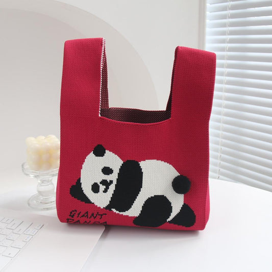Cartoon Panda Knit Bag - Large Capacity Vest Handbag - Matcha Colour
