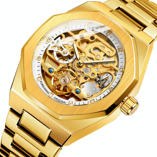 Men Automatic Mechanical Watch with Luminous Dial and Steel Band - Gold Belt Gold Face