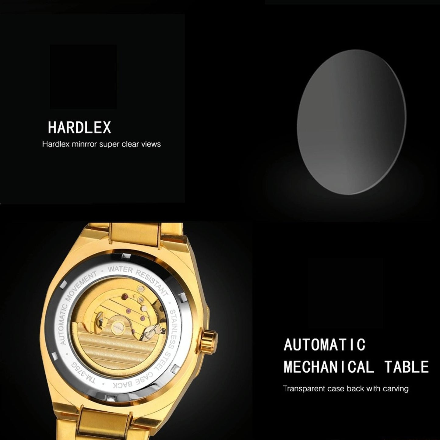 Men Automatic Mechanical Watch with Luminous Dial and Steel Band - Gold Belt Gold Face