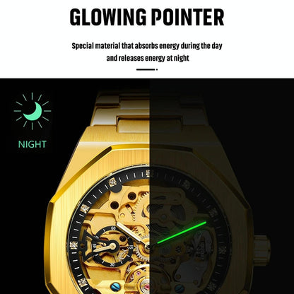 Men Automatic Mechanical Watch with Luminous Dial and Steel Band - Gold Belt Gold Face